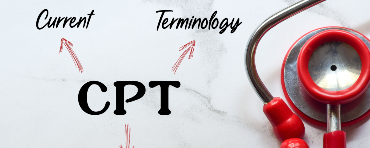 A red stethoscope on marble countertop. the acronym CPT is written with arrows pointing to each word. Current, Procedural and Technology