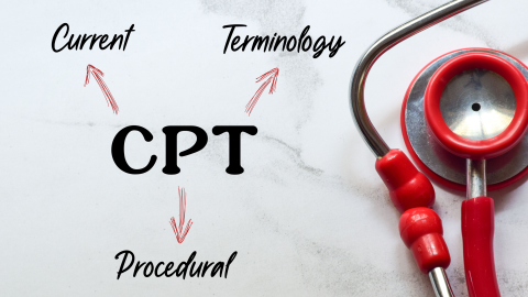A red stethoscope on marble countertop. the acronym CPT is written with arrows pointing to each word. Current, Procedural and Technology