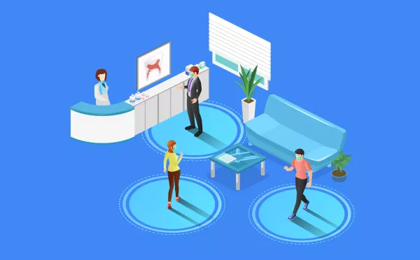 Social distancing tips for healthcare waiting rooms. Illustration.
