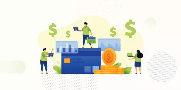 illustration of people standing on digital screen with money signs and coins