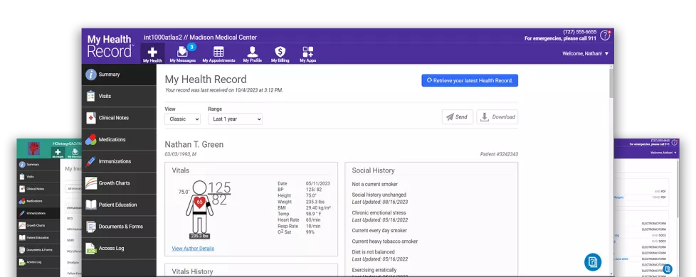 3 screenshots of My HEalth Record Patient Portal