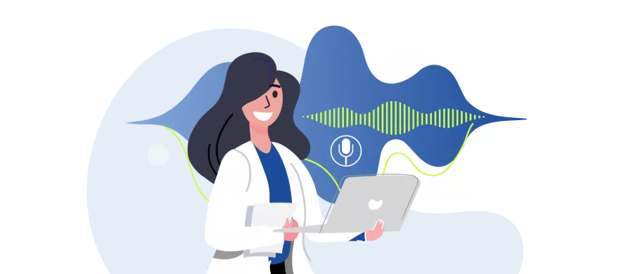 illustration of a female doctor using computer with soundwaves and microphone symbol