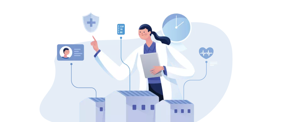 illustration of female doctor pointing to medical signs with images of buildings, clocks, heartbeat