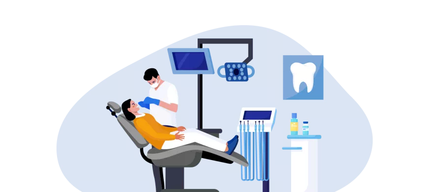 illustration of dental practice, dentist with a patient in an exam room