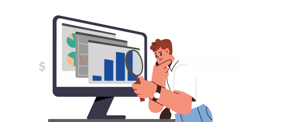 illustration of man looking at graphs and charts on a computer screen with dollar signs