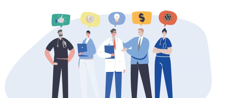 illustration of 5 medial professionals with chat bubbles with icons of a thumbs up, money, lightbulb, dollar sign and a virus