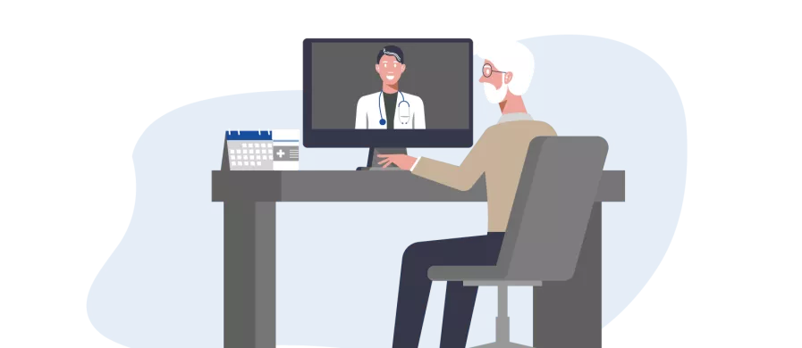 illustration of an old man sitting in front of a computer at a desk with a doctor on the computer screen