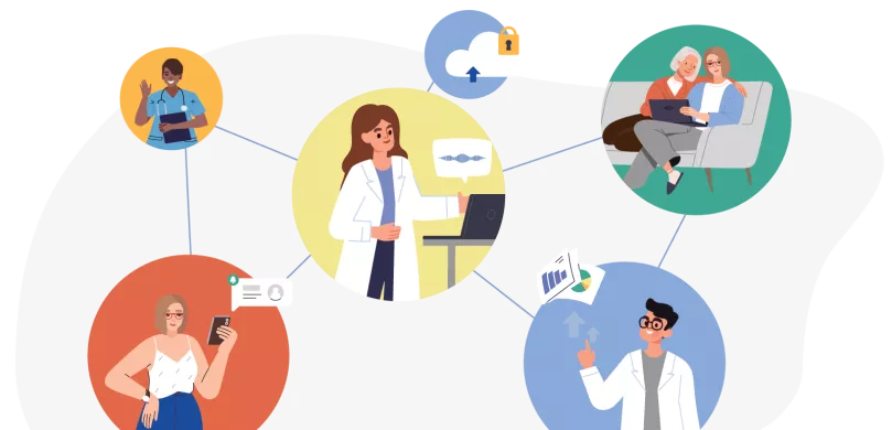 circles connected with lines containing patients and doctors using technology for better care