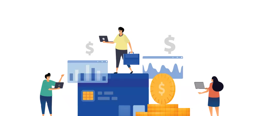 illustration of people and payment graphs, coins and credit cards