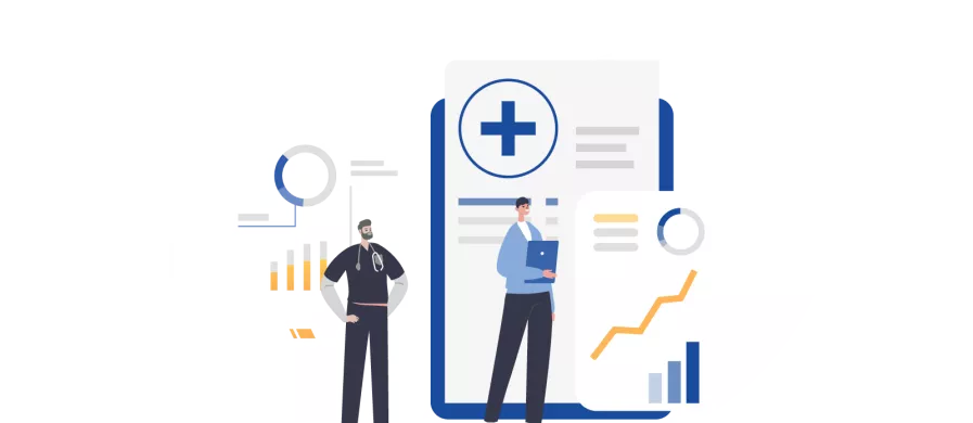 illustration of doctor and administrator standing in front of graphics of charts and graphs in blue and yellow