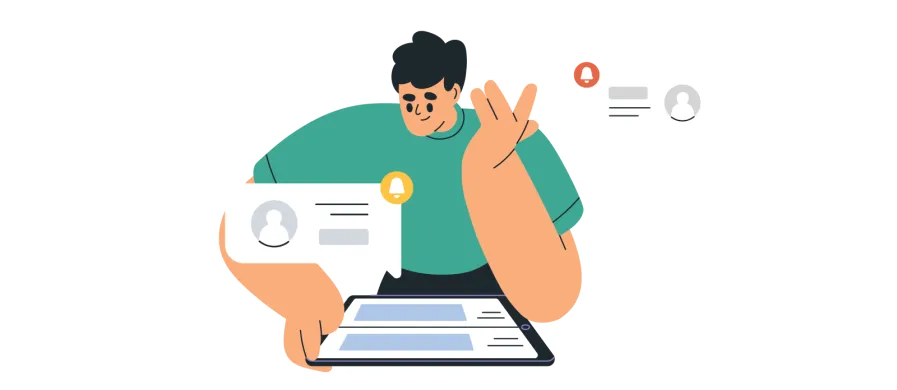 Man using tablet with notification graphics