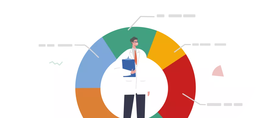 illustration a doctor standing in front of a large pie graph in multiple colors