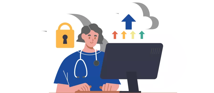 illustration of woman nurse working on computer with lock and cloud images behind her