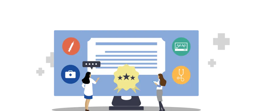 illustration of 2 doctors looking at a document with medical icons on it