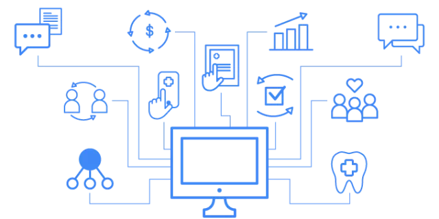 EHR and practice management tools working together to improve workflow efficiencies. Illustration.