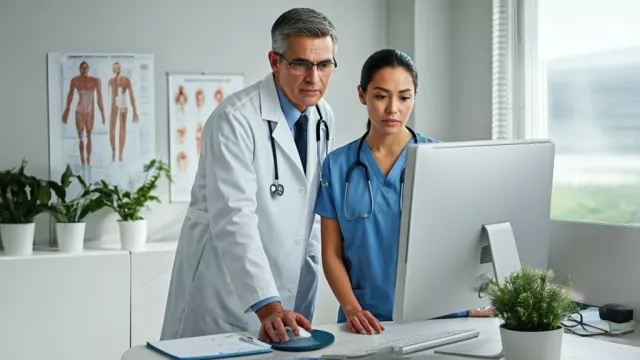 male doctor and female nurse using computer in well-lit doctors office