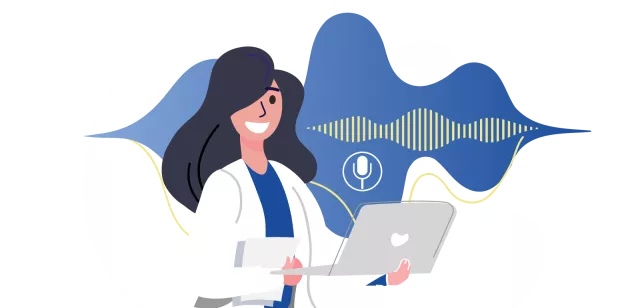 illustration of a female doctor using computer with soundwaves and microphone symbol