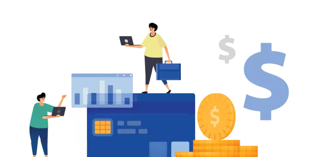 illustration of people standing on digital screen with money signs and coins