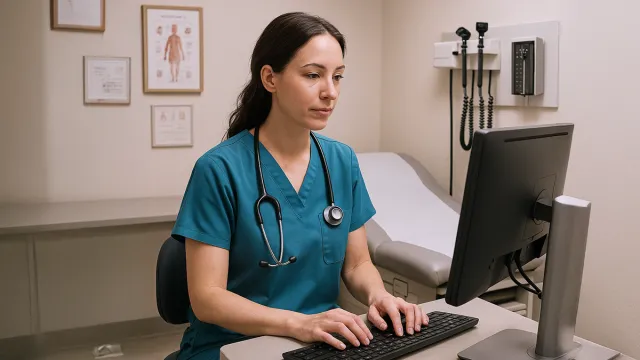 Female Doctor in scrubs working on a computer