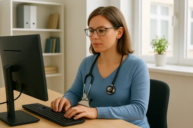 female doctor in a blue sweater sitting at a desk working on a computer. Behind her is a window with a scene of the building and there is a bookshelf in the corner