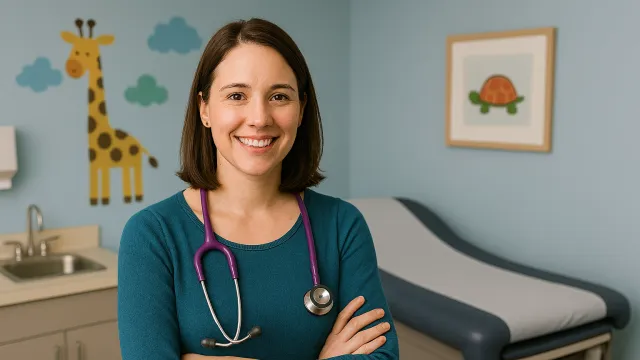 a brown haired female pediatric doctor standing with arms crossed in an exam room. the room has a picture of a giraffe and a turtle on the walls