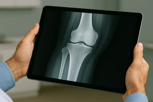 hands holding a tablet with an x-ray of a knee