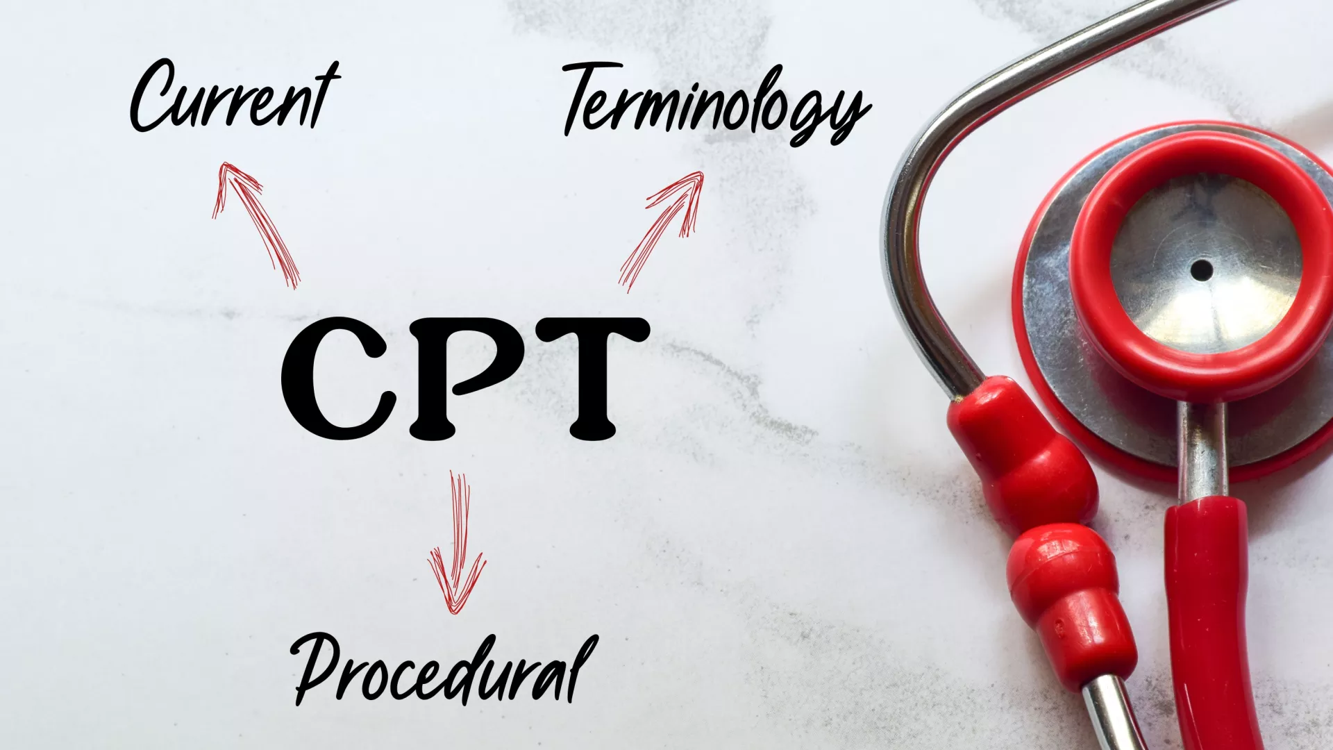 A red stethoscope on marble countertop. the acronym CPT is written with arrows pointing to each word. Current, Procedural and Technology