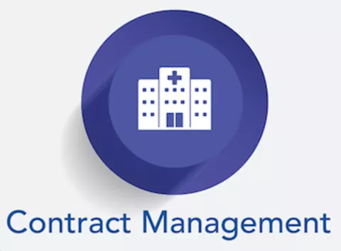 Contract Management logo with hospital icon on purple cirlce