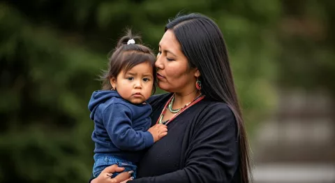 native american woman with sick child