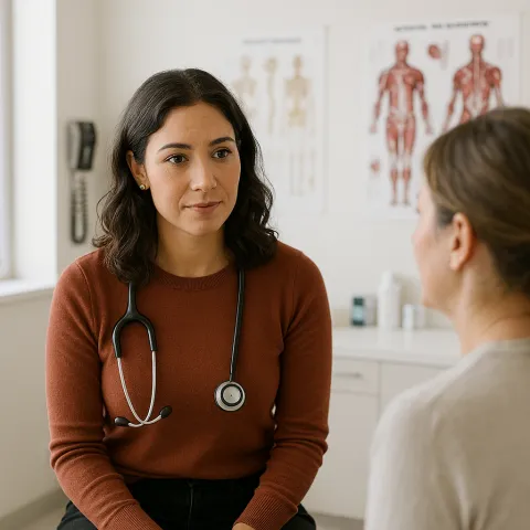 a female hispanic doctor wearing a red sweater with a stethoscope around her neck. She is facing the camera and listening to a female patient in a white shirt. They are sitting in a well-lit exam room with posters on the walls