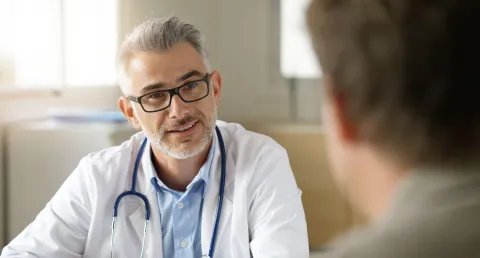 Male doctor with white skin wearing glasses and a white lab coat. Stethoscope around his neck, a blurred patient in the foregroudn of the image facing away